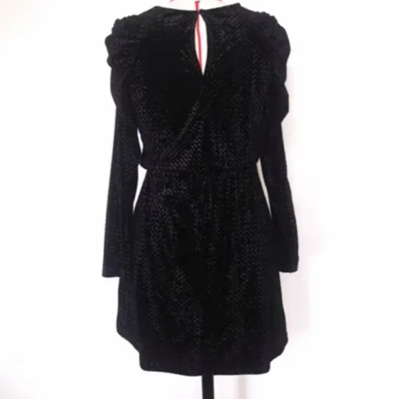 Burnout velvet black puff sleeve dress 6 S M cy - Picture 2 of 8